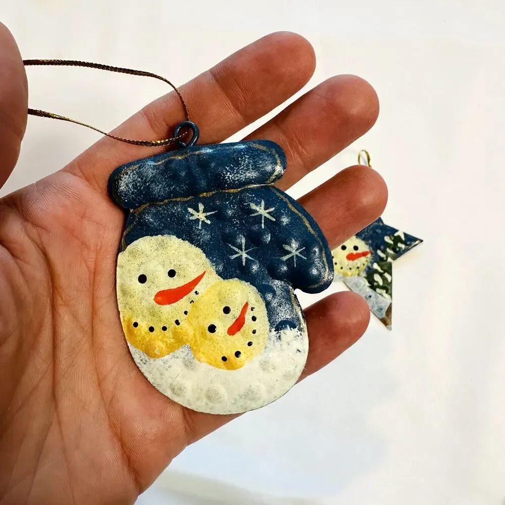 Primitive Farmhouse Christmas Bundle Of 2 Snowman Tin Tree Ornaments